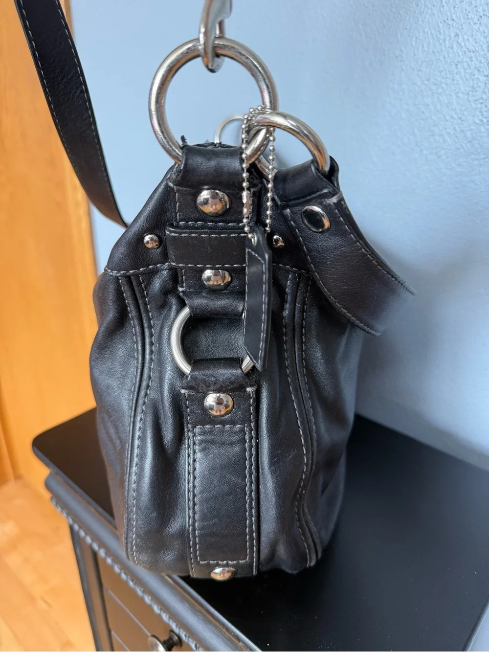 Vintage Coach Black Leather Shoulder Bag with Adjustable Strap
